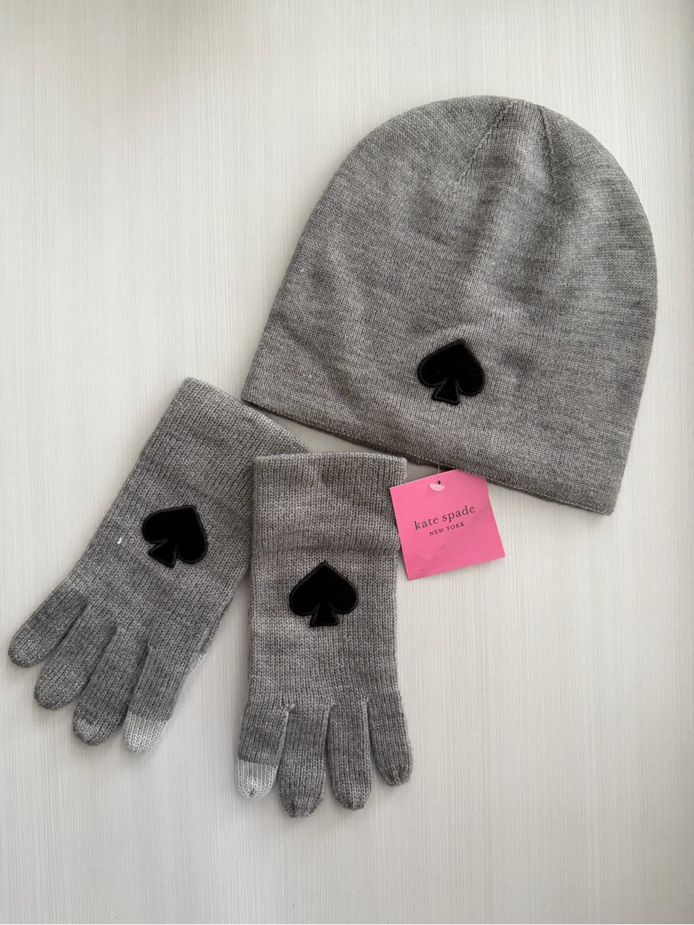 kate spade Women’s Grey Knit Beanie and Gloves Set with Black Spade Appliqué